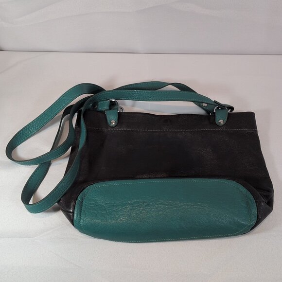 Rowland Leather Canada 2 Strap Shoulder Purse Brown Teal Blue Magnetic Bag - Picture 3 of 16